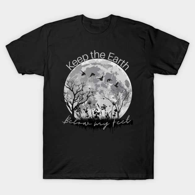 Keep the Earth Below my Feet, Moon with Tree Silhouettes T-Shirt by Apathecary